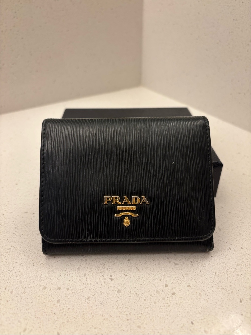 Prada Black Saffiano Leather Card Wallet with Gold Logo